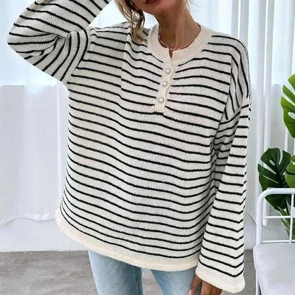 White Casual Womens Striped Drop Shoulder Button Front Sweater - Picture 4 of 5